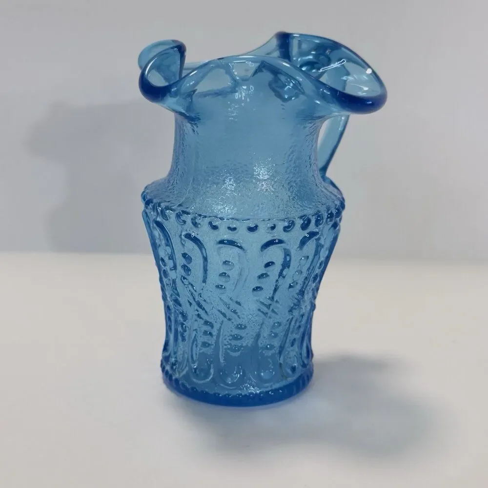 Pitcher Jug Kanawha Ice Colonial Blue Glass Mini UV Raised Loop Swirl Dots Wavy
